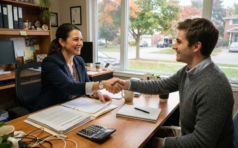 A buyer sitting with a mortgage broker at a desk reviewing documents and a laptop in a calm office