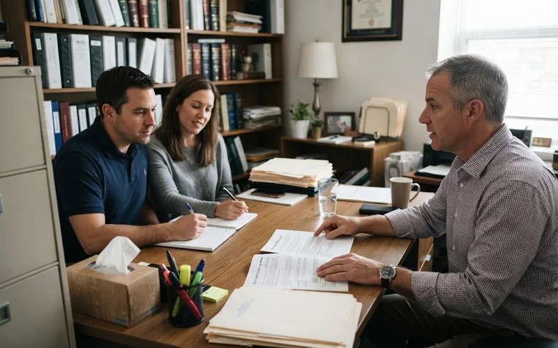 A tenant holding a pen above a contract with two highlighted clauses, one marked option to buy and one marked obligation to buy