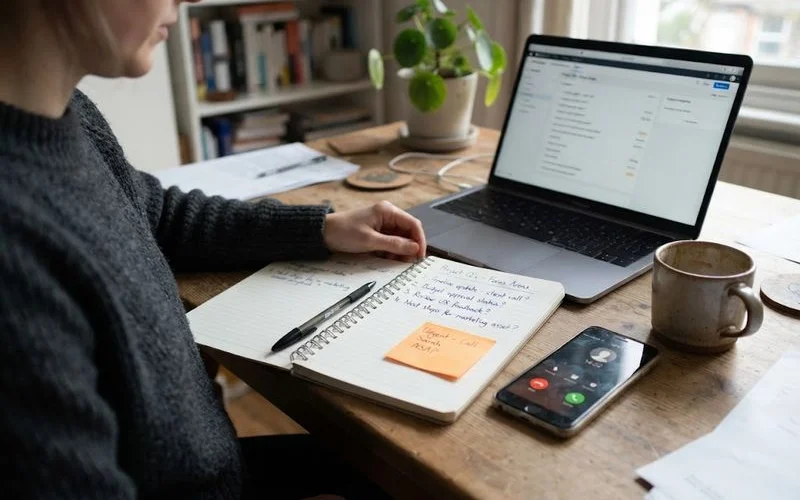 A person making notes with a printed question list while speaking with an advisor across a table in a bright office