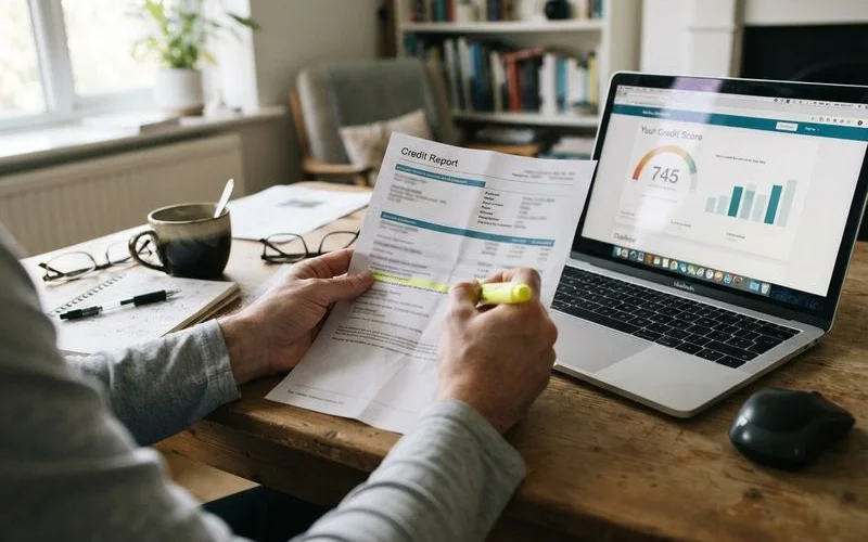 A person reading a printed credit report at a desk with a highlighter and a notebook open beside it