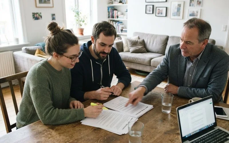 A couple reviewing a rent-to-own agreement at a kitchen table with a folder of documents and a laptop open beside them