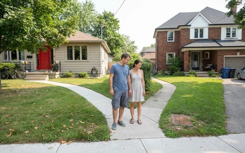 Two paths drawn on a whiteboard, one labelled save a down payment and one labelled rent to own, converging on a house icon